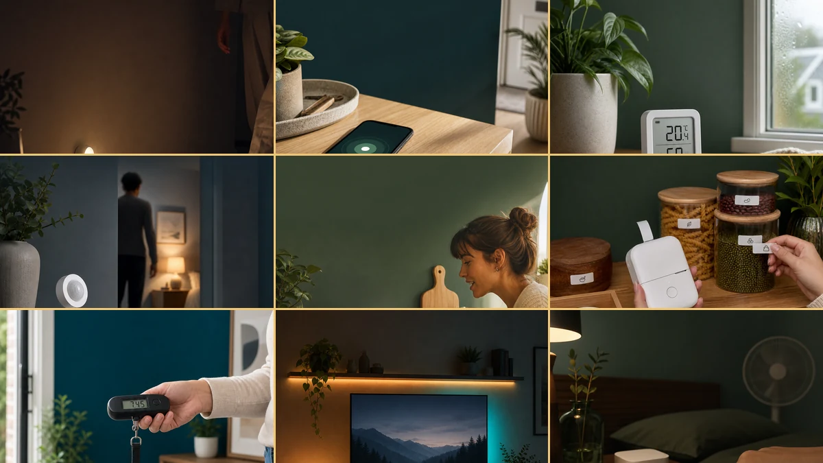 Mosaïque de neuf petits gadgets utiles dans différentes pièces de la maison