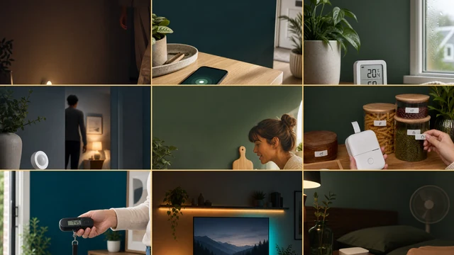 Mosaïque de neuf petits gadgets utiles dans différentes pièces de la maison