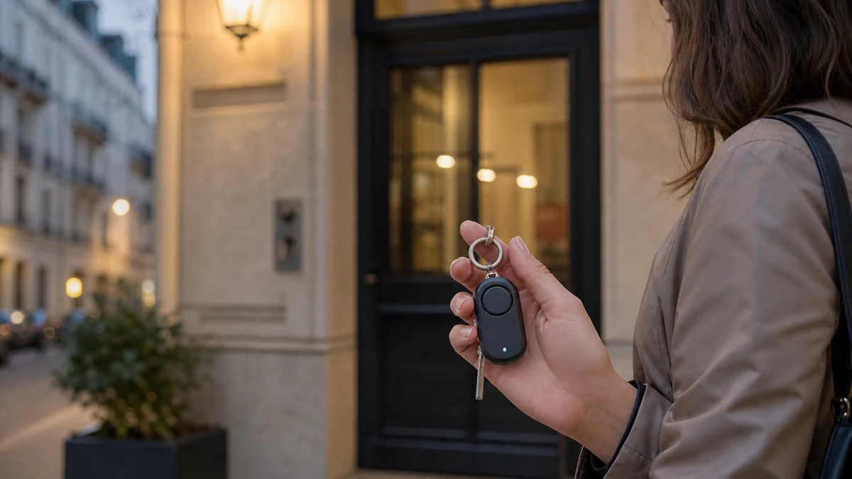 Alarme personnelle générique tenue à la main près d’une entrée éclairée