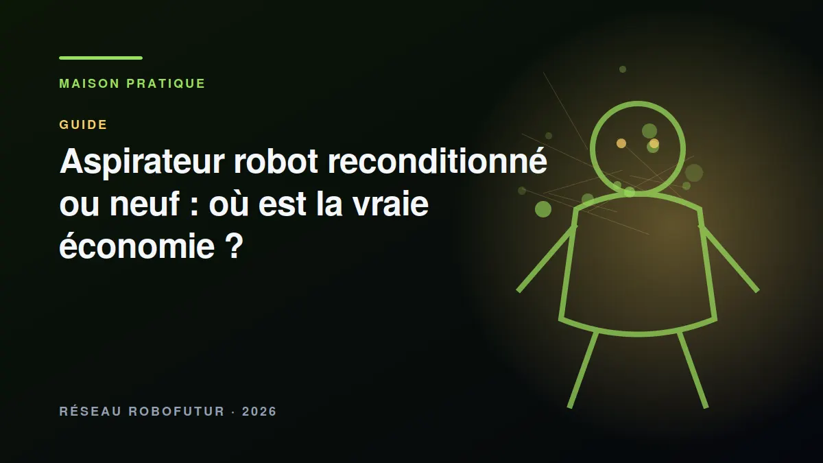 Technicien inspectant un aspirateur robot ouvert sur un établi, batterie et brosses posées à côté