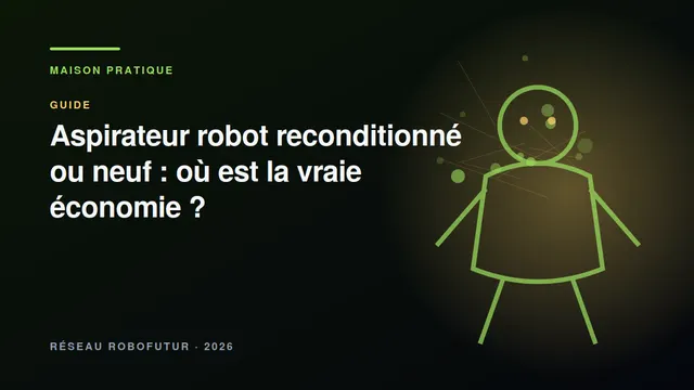 Technicien inspectant un aspirateur robot ouvert sur un établi, batterie et brosses posées à côté