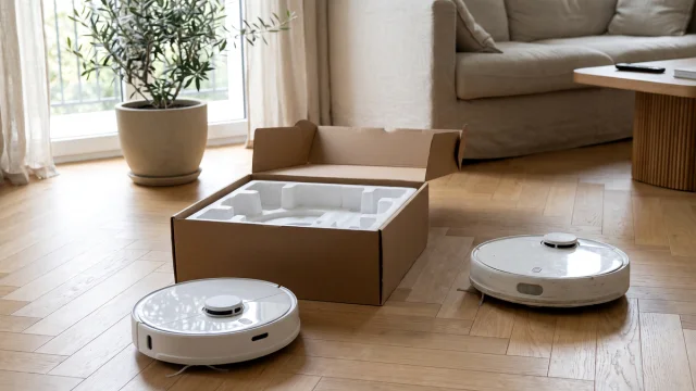 Technicien inspectant un aspirateur robot ouvert sur un établi, batterie et brosses posées à côté