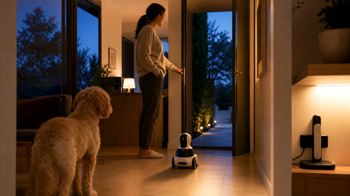 Habitante supervisant un petit robot caméra mobile dans l'entrée de sa maison au crépuscule