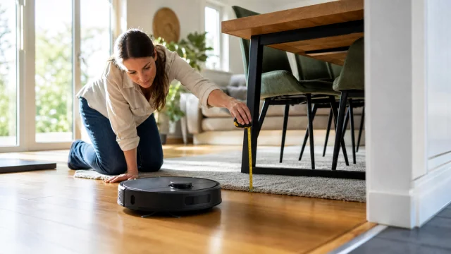 Habitante mesurant le passage d'un robot aspirateur entre parquet, tapis et mobilier