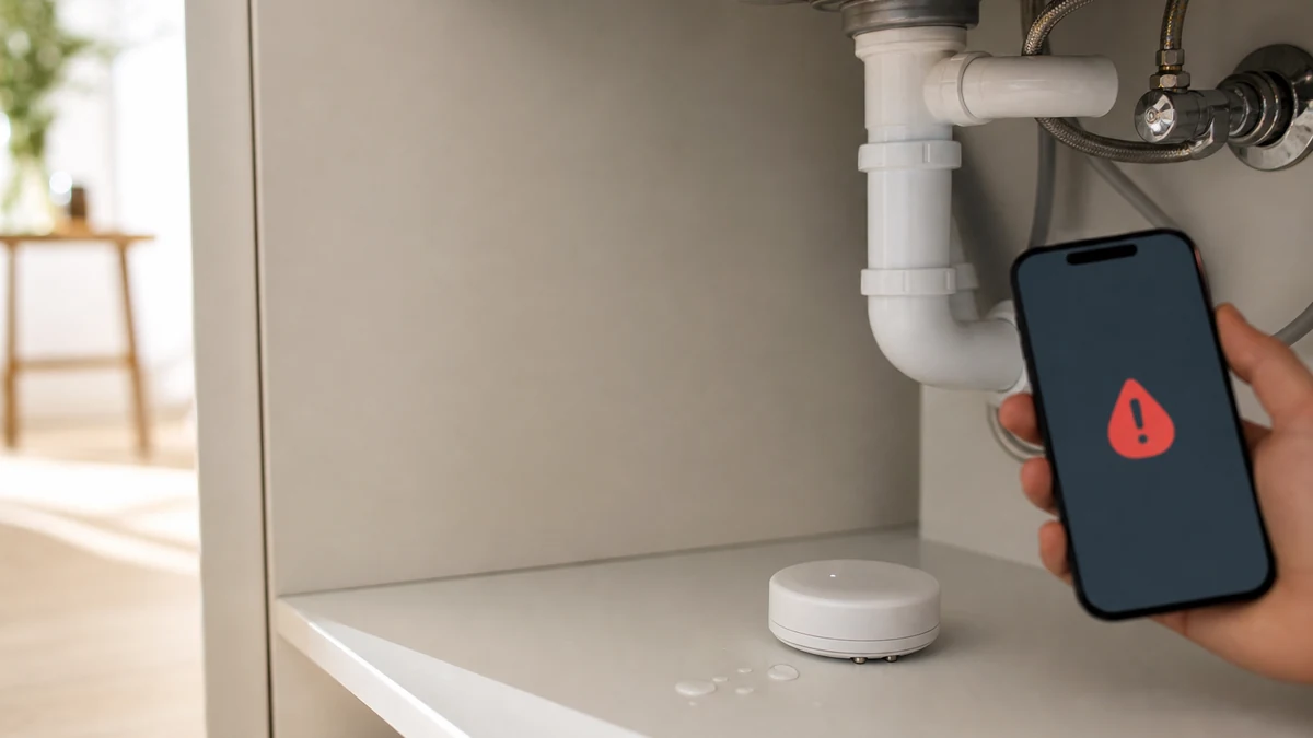 Capteur de fuite d’eau connecté générique placé sous un évier avec une alerte sur smartphone