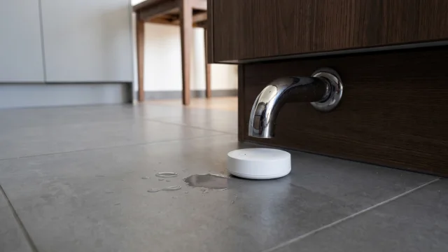 Capteur de fuite d’eau connecté générique placé sous un évier avec une alerte sur smartphone