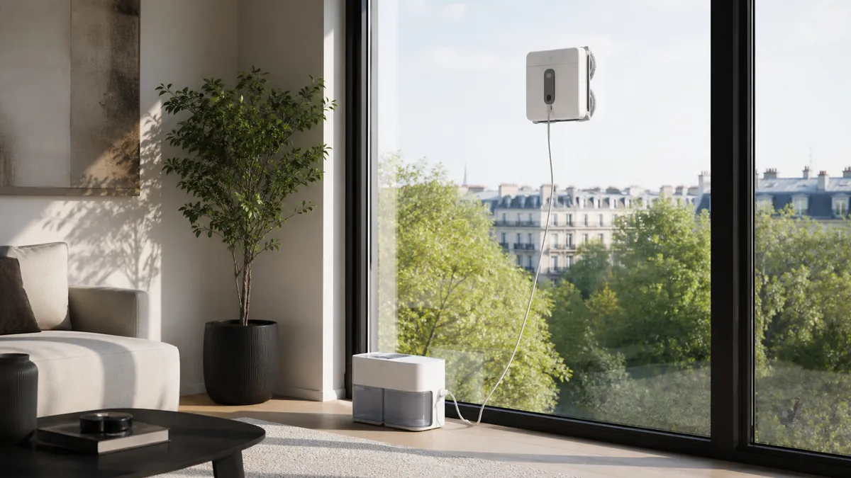 Illustration générique d’un robot lave-vitres relié par son câble de sécurité à une station de lavage dans un appartement