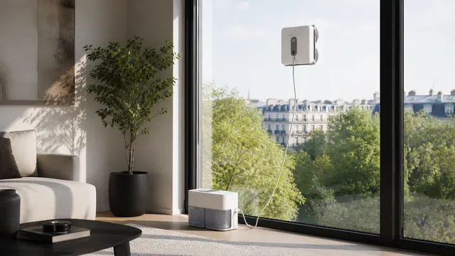 Illustration générique d’un robot lave-vitres relié par son câble de sécurité à une station de lavage dans un appartement
