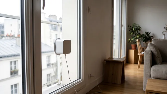 Illustration générique d’un robot lave-vitres relié par son câble de sécurité à une station de lavage dans un appartement