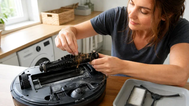 Entretien manuel de la brosse et du filtre d'un robot aspirateur sur un plan de travail