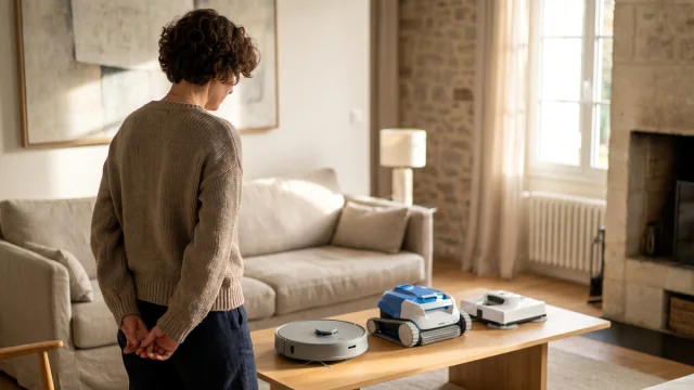 Plan d'une maison avec les zones d'intervention des différents robots domestiques classées par priorité