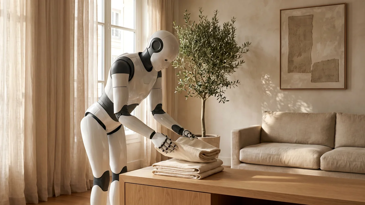 Illustration éditoriale générée par IA : un humanoïde générique pliant des serviettes dans un salon contemporain. Ce n'est ni un robot Figure, ni l'un des trente logements de la démonstration.