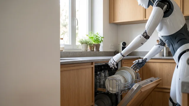 Illustration éditoriale d’un humanoïde pratique accomplissant une tâche dans un environnement organisé