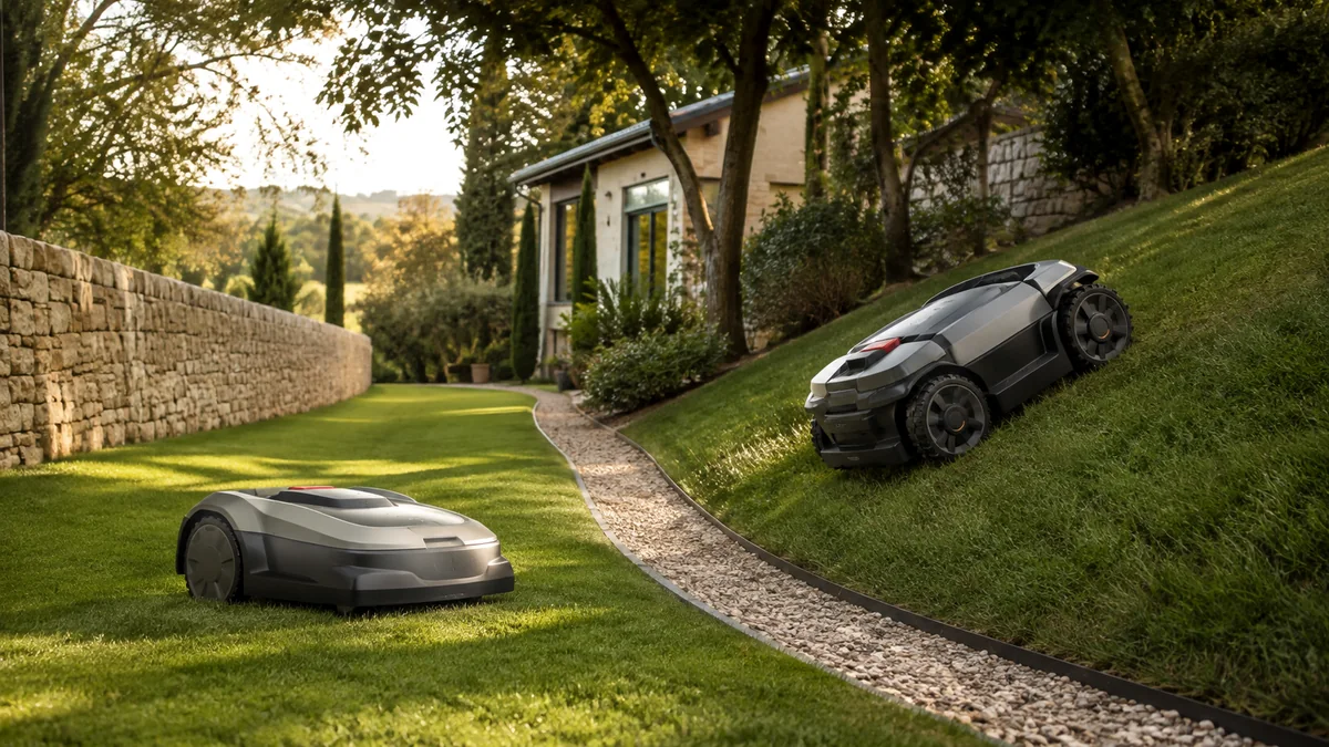 Deux robots tondeuses génériques comparés entre une pelouse plane, un passage étroit et un fort talus
