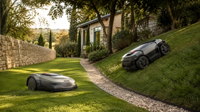 Deux robots tondeuses génériques comparés entre une pelouse plane, un passage étroit et un fort talus