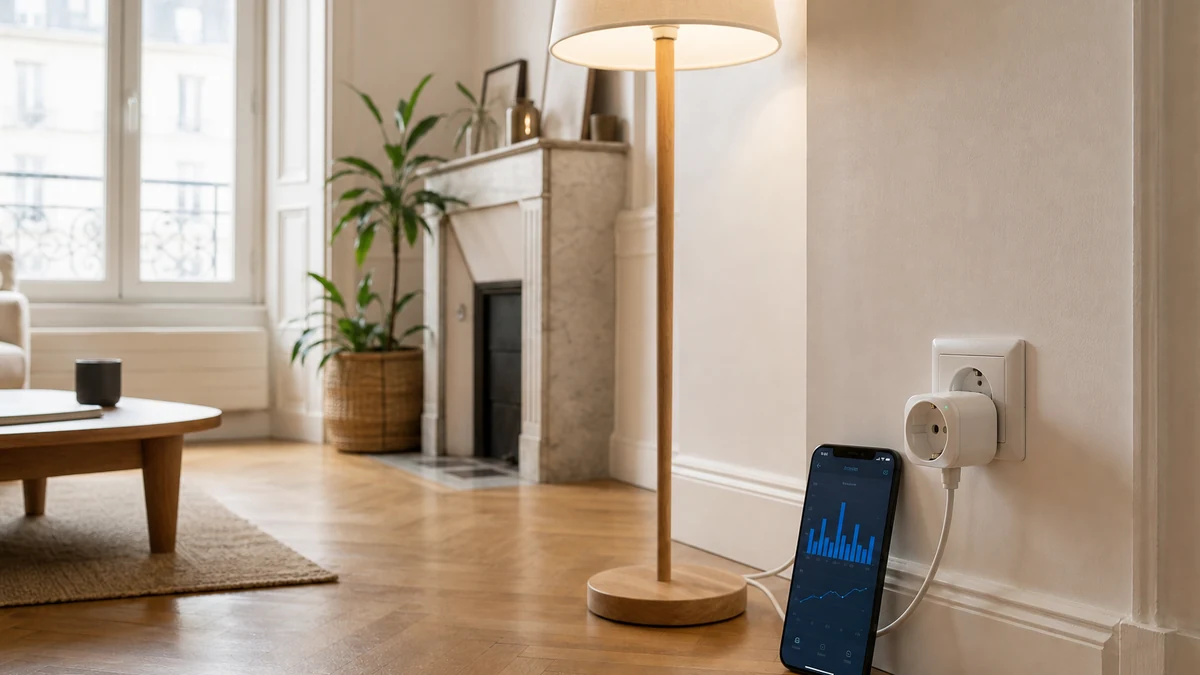 Prise connectée générique mesurant la consommation d’un lampadaire dans un appartement