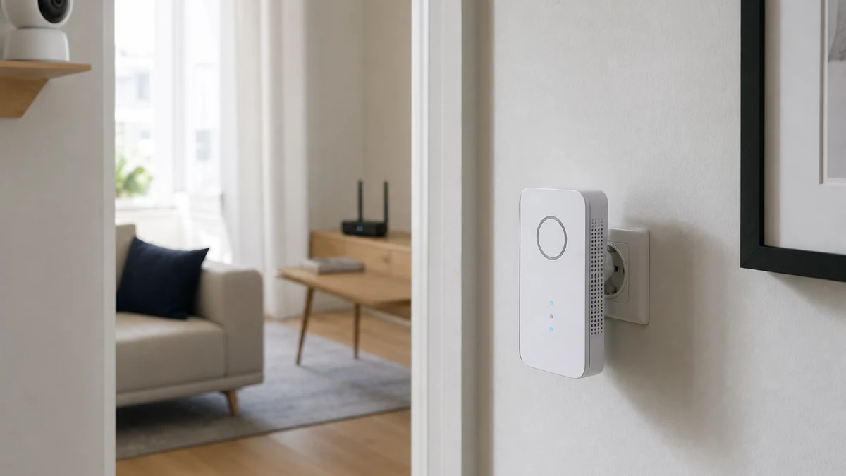 Répéteur Wi-Fi générique à antennes internes placé entre la box et une caméra connectée
