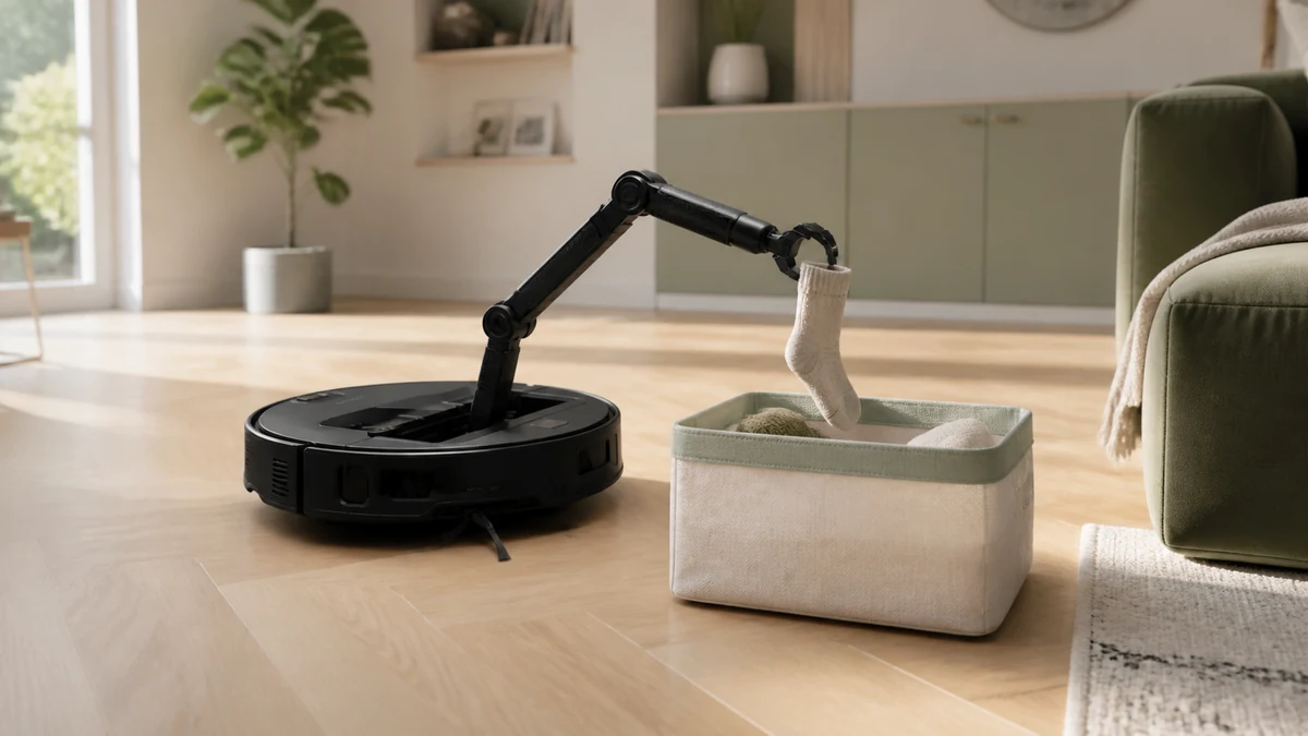 Robot aspirateur Roborock Saros Z70 utilisant son bras pliable pour ranger une chaussette