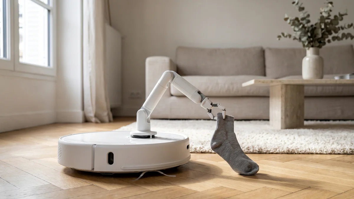 Robot aspirateur Roborock Saros Z70 utilisant son bras pliable pour ranger une chaussette