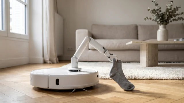 Robot aspirateur Roborock Saros Z70 utilisant son bras pliable pour ranger une chaussette