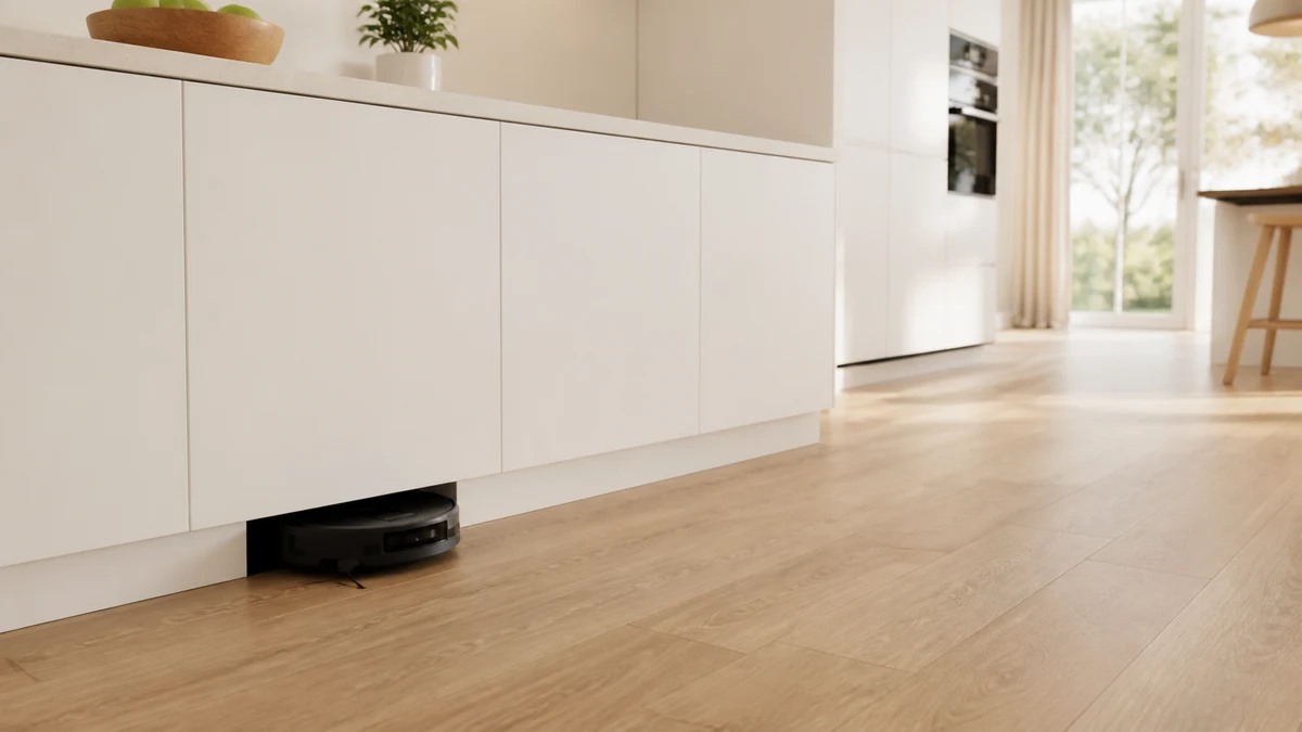 Robot aspirateur Bosch émergeant de sa station entièrement intégrée dans la plinthe d’une cuisine