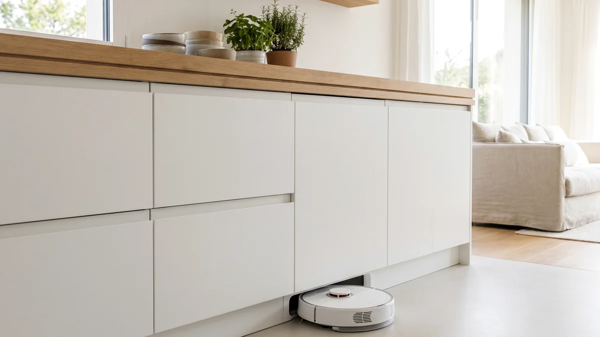 Robot aspirateur Bosch émergeant de sa station entièrement intégrée dans la plinthe d’une cuisine