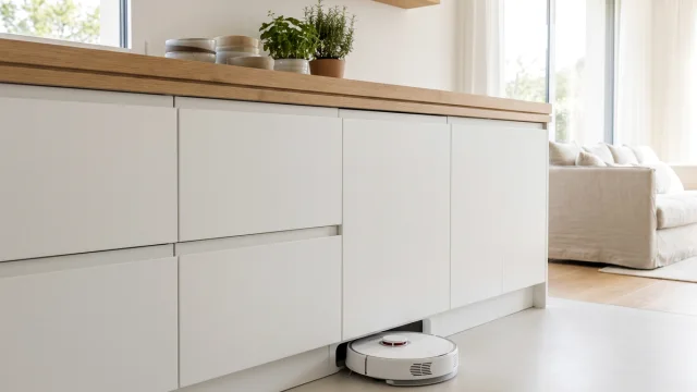 Robot aspirateur Bosch émergeant de sa station entièrement intégrée dans la plinthe d’une cuisine