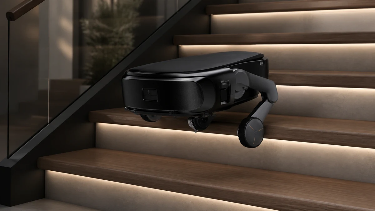Prototype Roborock Saros Rover montant un escalier grâce à ses deux jambes-roues articulées