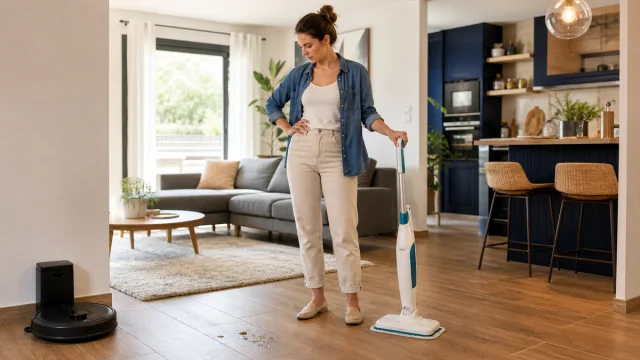 Habitante comparant un robot aspirateur laveur et un balai vapeur dans son séjour
