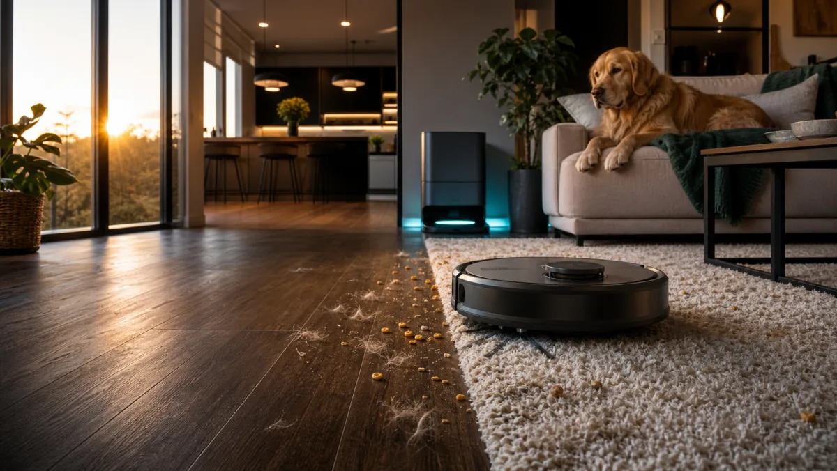Robot aspirateur franchissant un tapis dans un salon avec un chien et des poils au sol