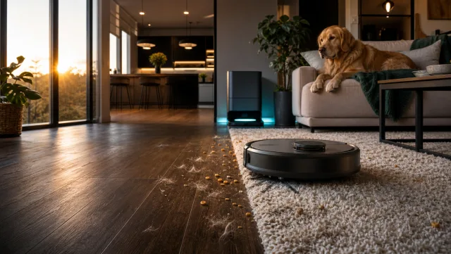 Robot aspirateur franchissant un tapis dans un salon avec un chien et des poils au sol