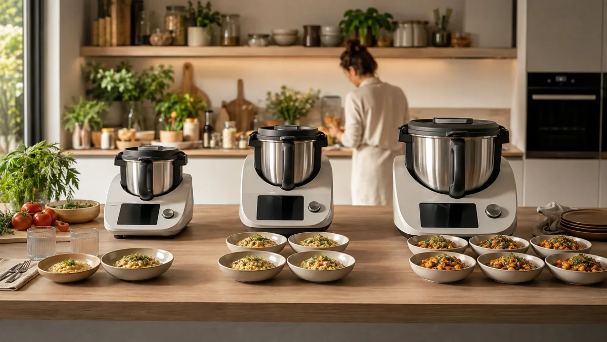 Trois robots cuiseurs génériques de capacités croissantes devant des portions pour deux, quatre et six personnes