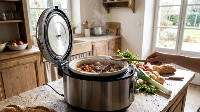 Trois robots cuiseurs génériques de capacités croissantes devant des portions pour deux, quatre et six personnes