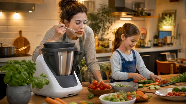 Parent et enfant préparant un repas autour d'un robot cuiseur multifonction générique