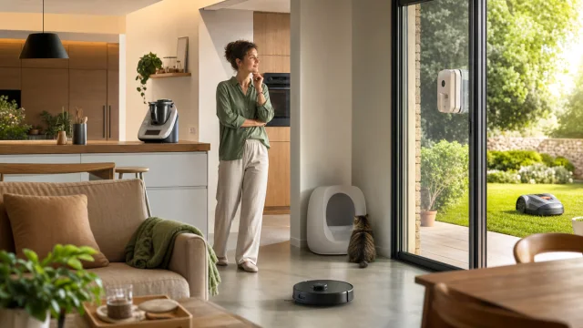 Habitante comparant plusieurs robots domestiques spécialisés et un humanoïde encore expérimental dans une maison.