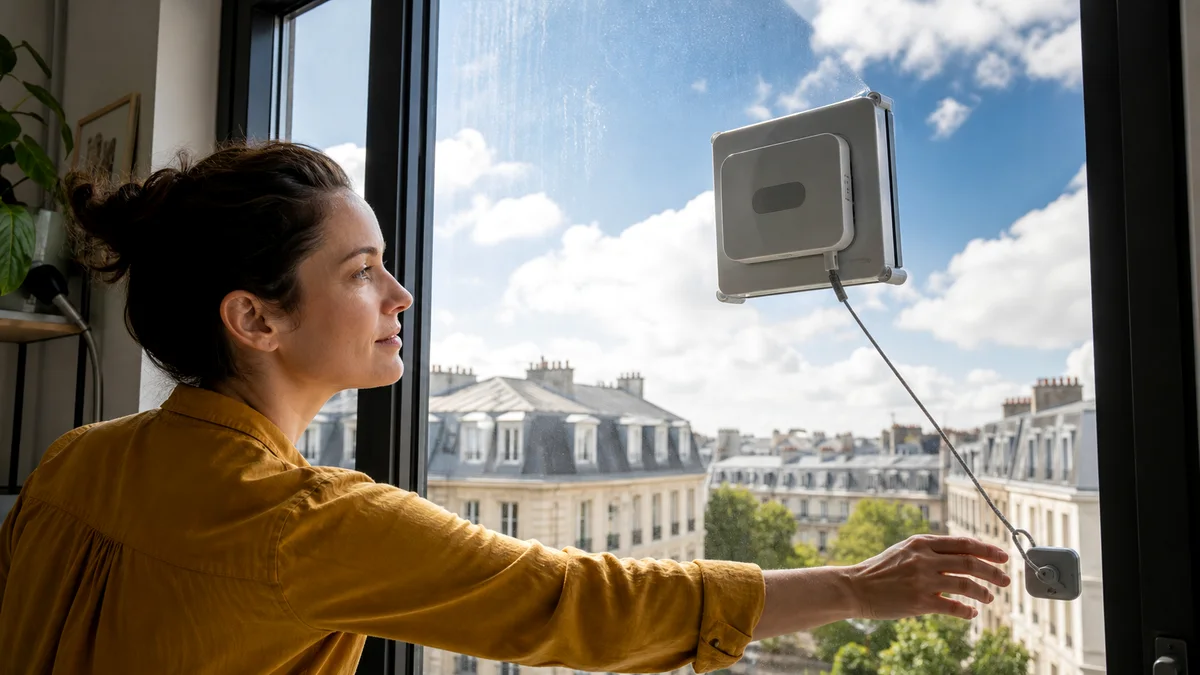 Robot lave-vitres générique fixé à une baie vitrée avec son câble de sécurité