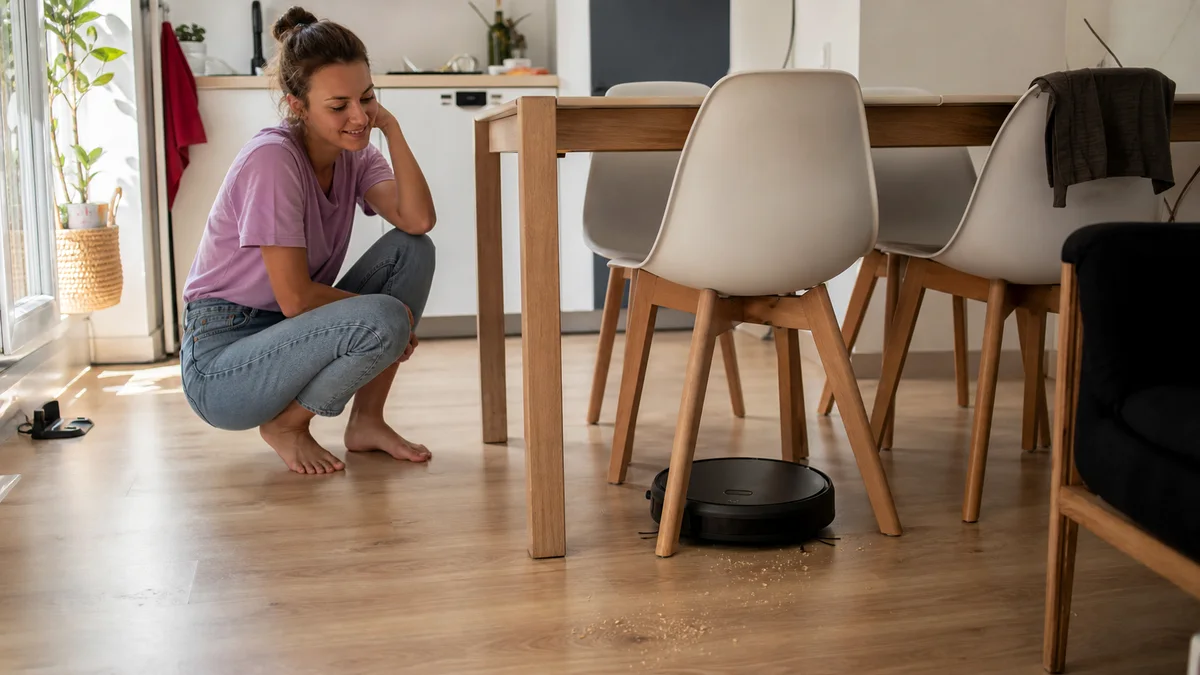 Petit robot aspirateur d'entrée de gamme nettoyant sous une table dans un appartement