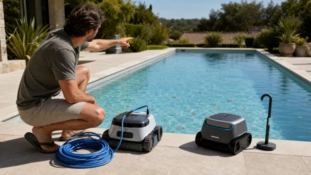 Propriétaire comparant un robot de piscine filaire et un modèle sans câble