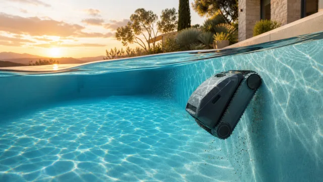 Robot de piscine montant une paroi jusqu’à la ligne d’eau dans un bassin au coucher du soleil