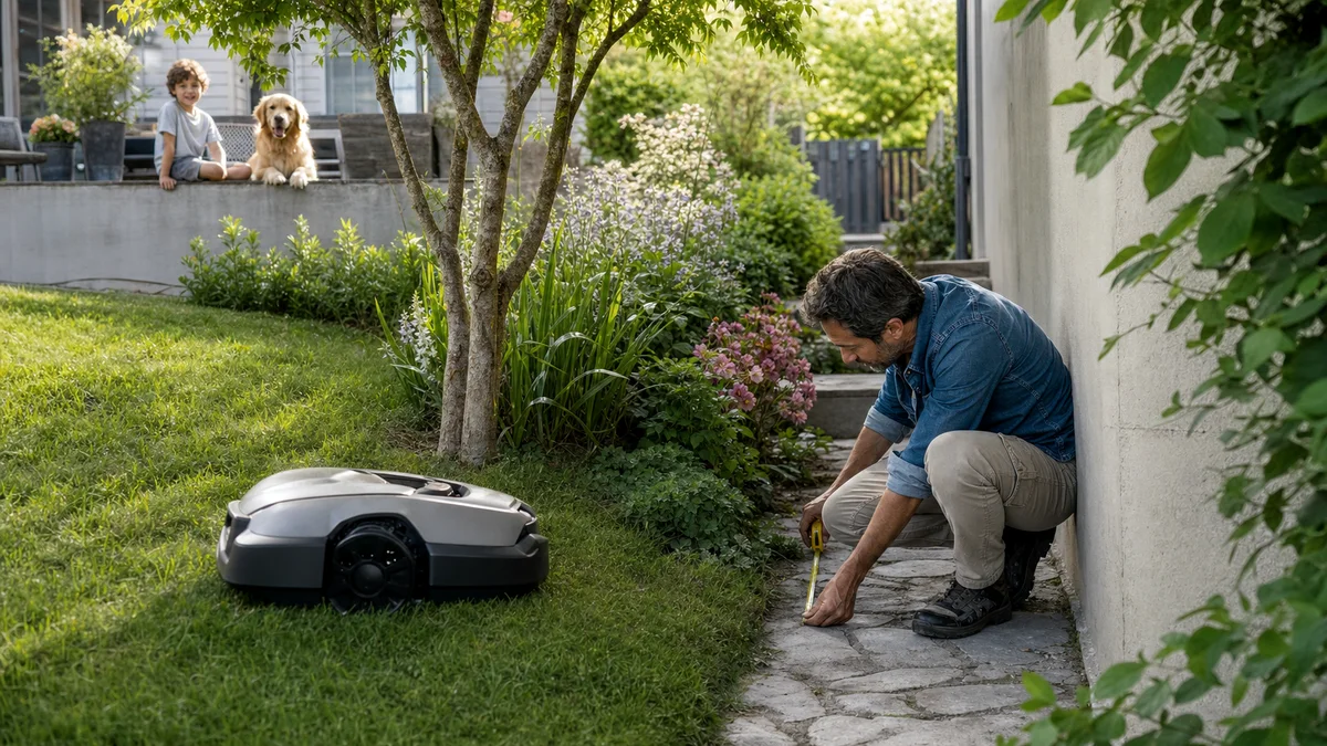 Propriétaire mesurant un passage étroit avant de choisir un robot tondeuse