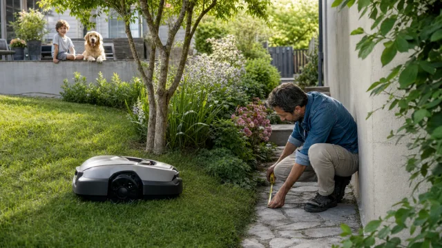 Propriétaire mesurant un passage étroit avant de choisir un robot tondeuse