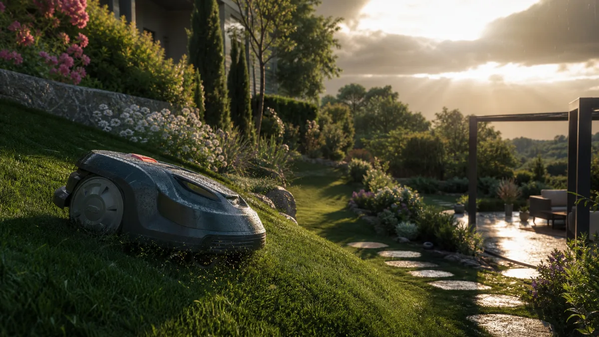 Robot tondeuse avançant sur la pente humide d’un jardin paysager après la pluie