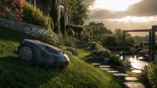 Robot tondeuse avançant sur la pente humide d’un jardin paysager après la pluie