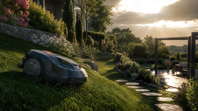 Robot tondeuse avançant sur la pente humide d’un jardin paysager après la pluie