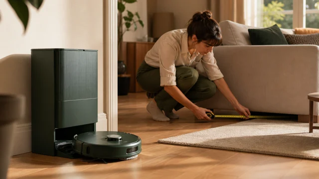 Robot aspirateur compact générique et station tout-en-un dans un salon français lumineux, sans logo ni marque