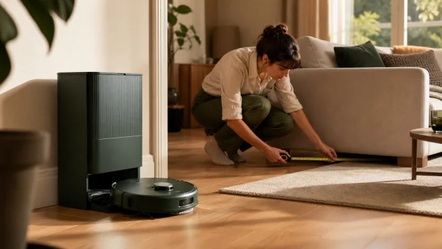 Robot aspirateur compact générique et station tout-en-un dans un salon français lumineux, sans logo ni marque