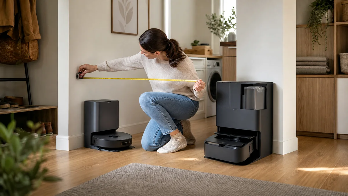 Habitante mesurant l'espace disponible entre une base compacte et une station tout-en-un