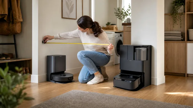 Habitante mesurant l'espace disponible entre une base compacte et une station tout-en-un