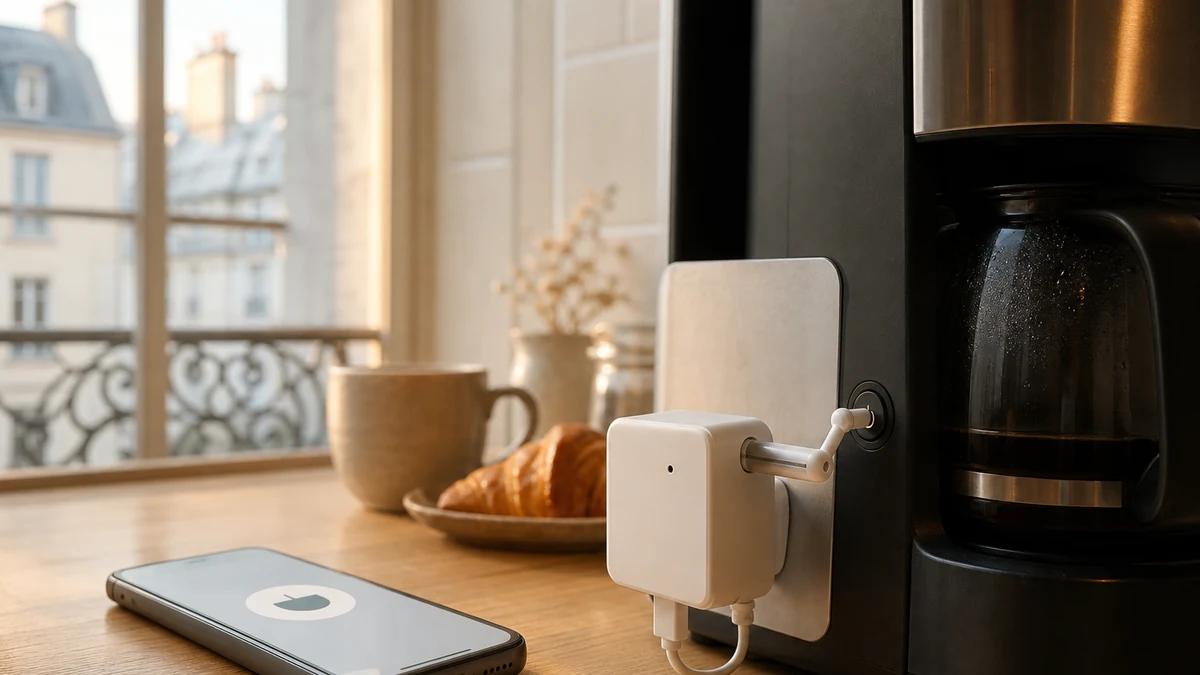 Mini-robot presse-bouton générique fixé à une cafetière dans une cuisine