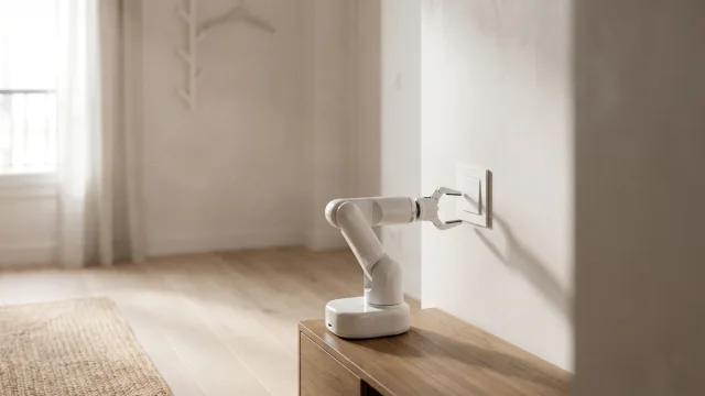 Mini-robot presse-bouton générique fixé à une cafetière dans une cuisine